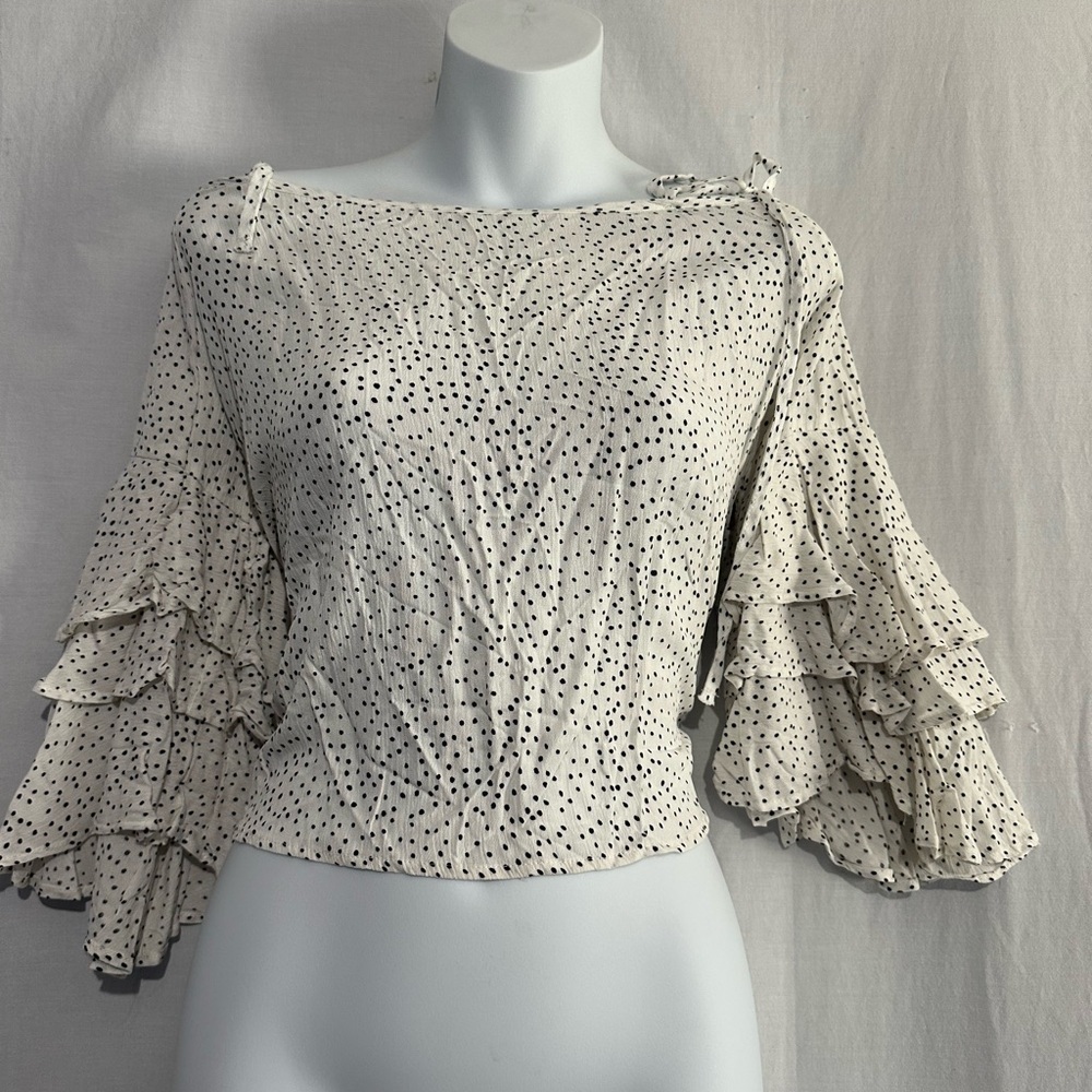 Style Rack White Polka Dot Ruffle Blouse – Size M – Sheer Tiered Long Sleeve - Picture 5 of 6